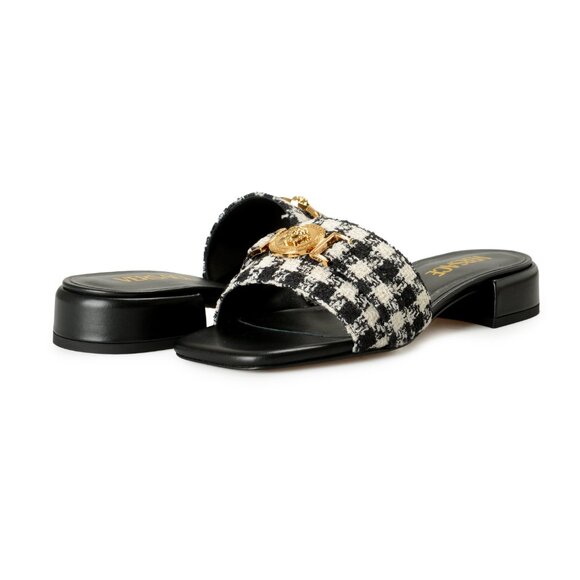 Versace Women's Black & White Gold Medusa Plaid Sandals Mules Shoes US 11 IT 41 - Picture 8 of 8